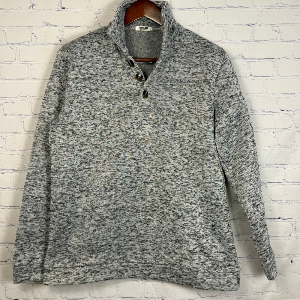 Coofandy Gray Marl Quarter Button Pullover Fleece Lined Mock Neck Sweater Large